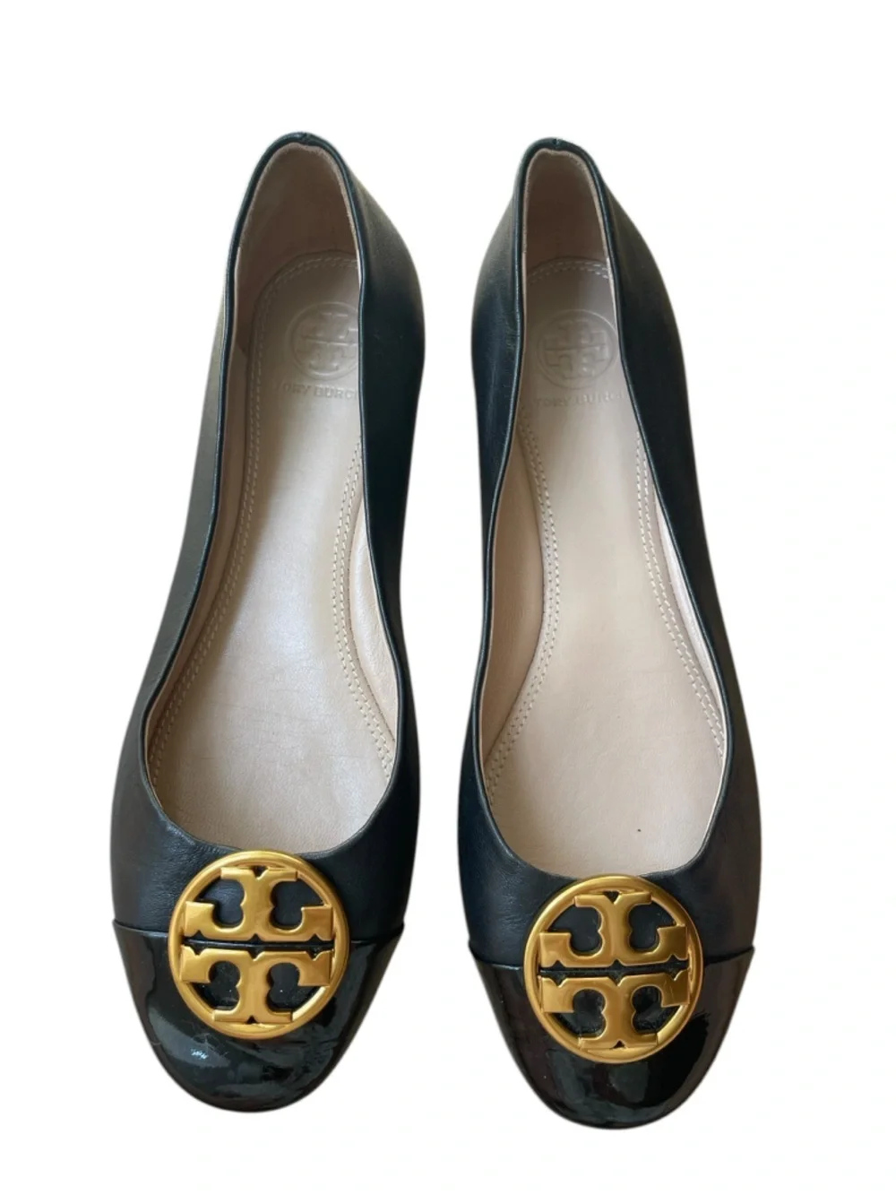Tory Burch Chelsea Black Cap-Toe Leather & Patent Ballet Flat Women's Sz 6.5